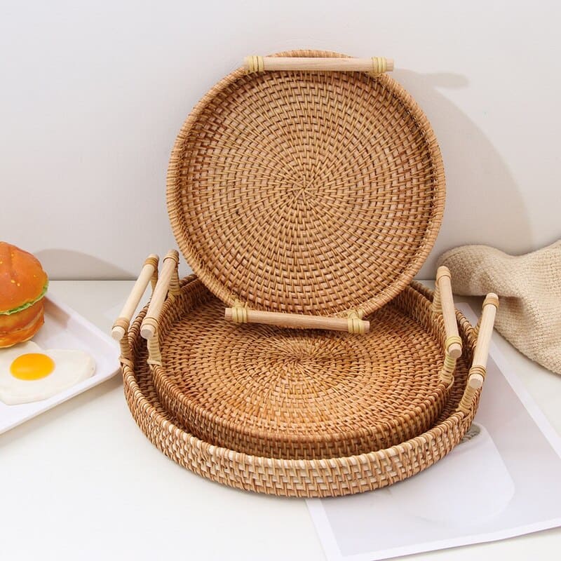 Bandeja Decorativa Redonda de Vime em Rattan Feita a Mão | Home Decor
