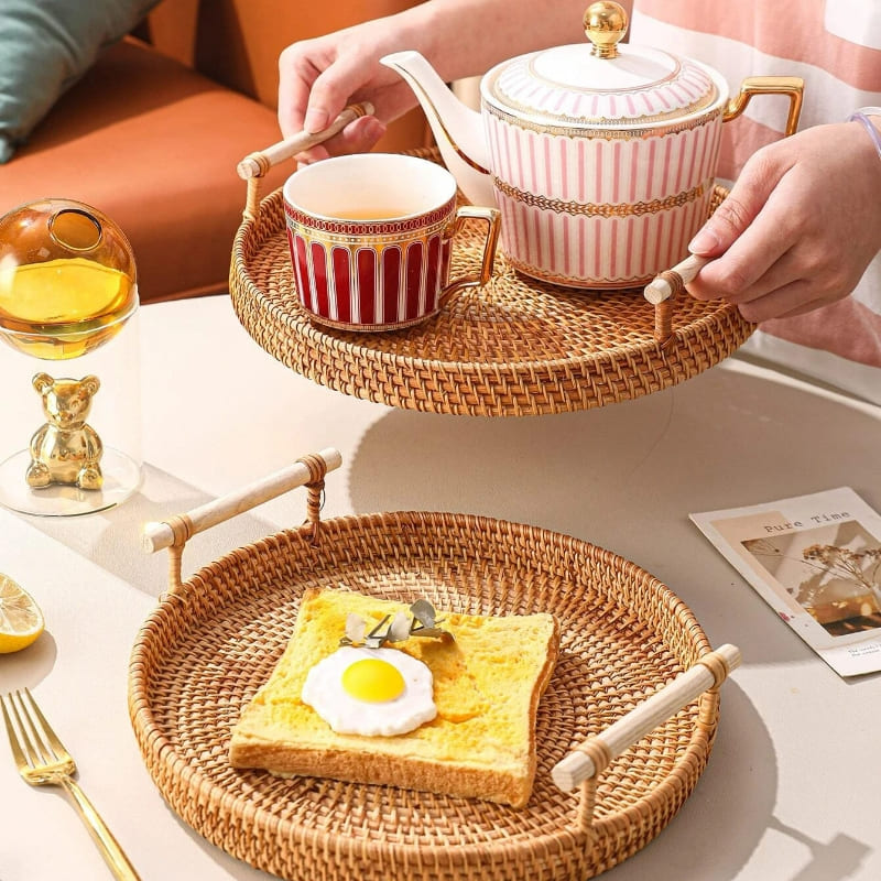 Bandeja Decorativa Redonda de Vime em Rattan Feita a Mão | Home Decor
