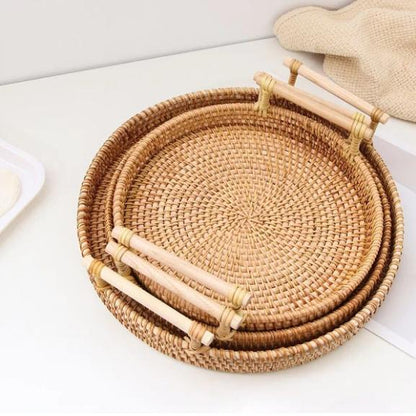 Bandeja Decorativa Redonda de Vime em Rattan Feita a Mão | Home Decor