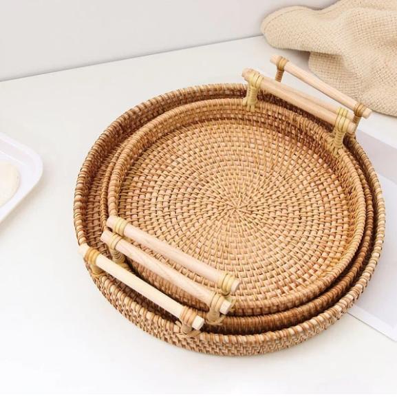 Bandeja Decorativa Redonda de Vime em Rattan Feita a Mão | Home Decor