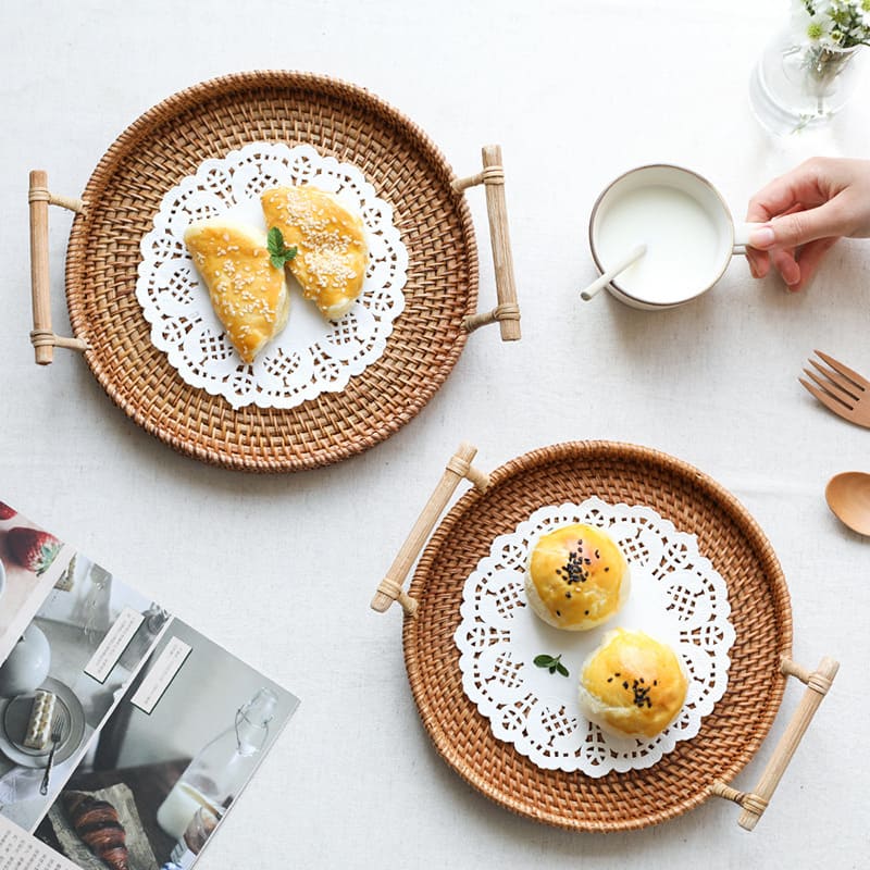 Bandeja Decorativa Redonda de Vime em Rattan Feita a Mão | Home Decor