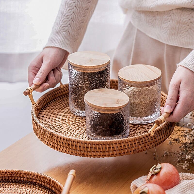 Bandeja Decorativa Redonda de Vime em Rattan Feita a Mão | Home Decor