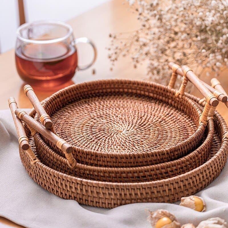 Bandeja Decorativa Redonda de Vime em Rattan Feita a Mão | Home Decor