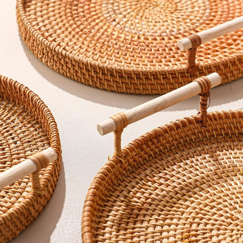 Bandeja Decorativa Redonda de Vime em Rattan Feita a Mão | Home Decor