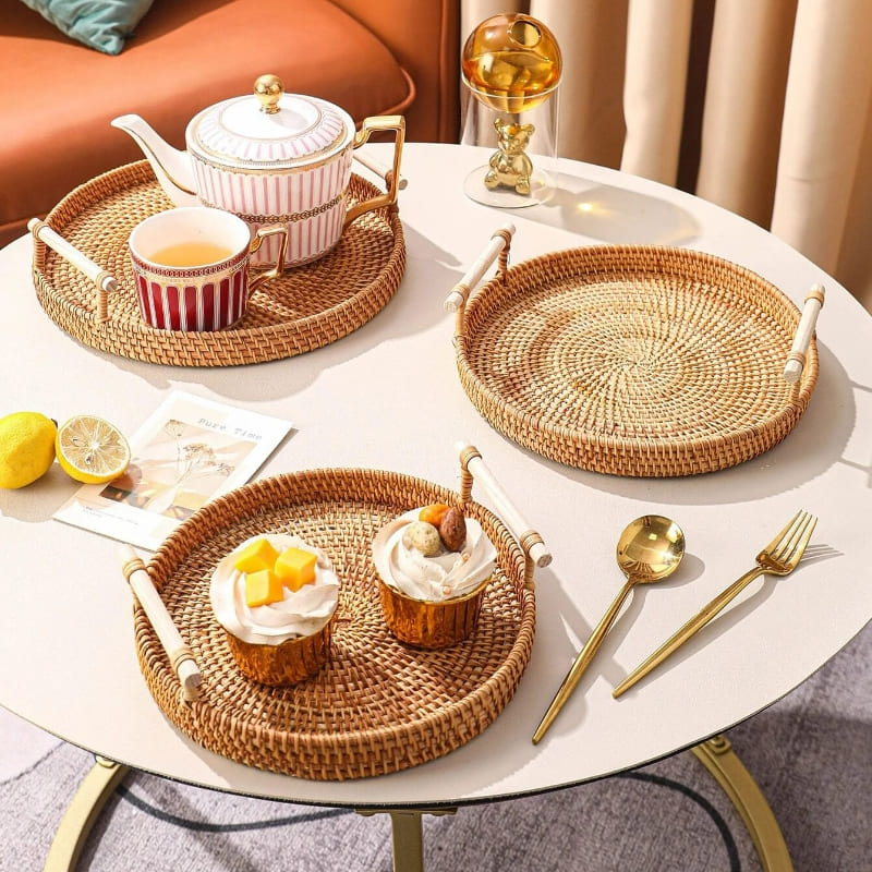Bandeja Decorativa Redonda de Vime em Rattan Feita a Mão | Home Decor